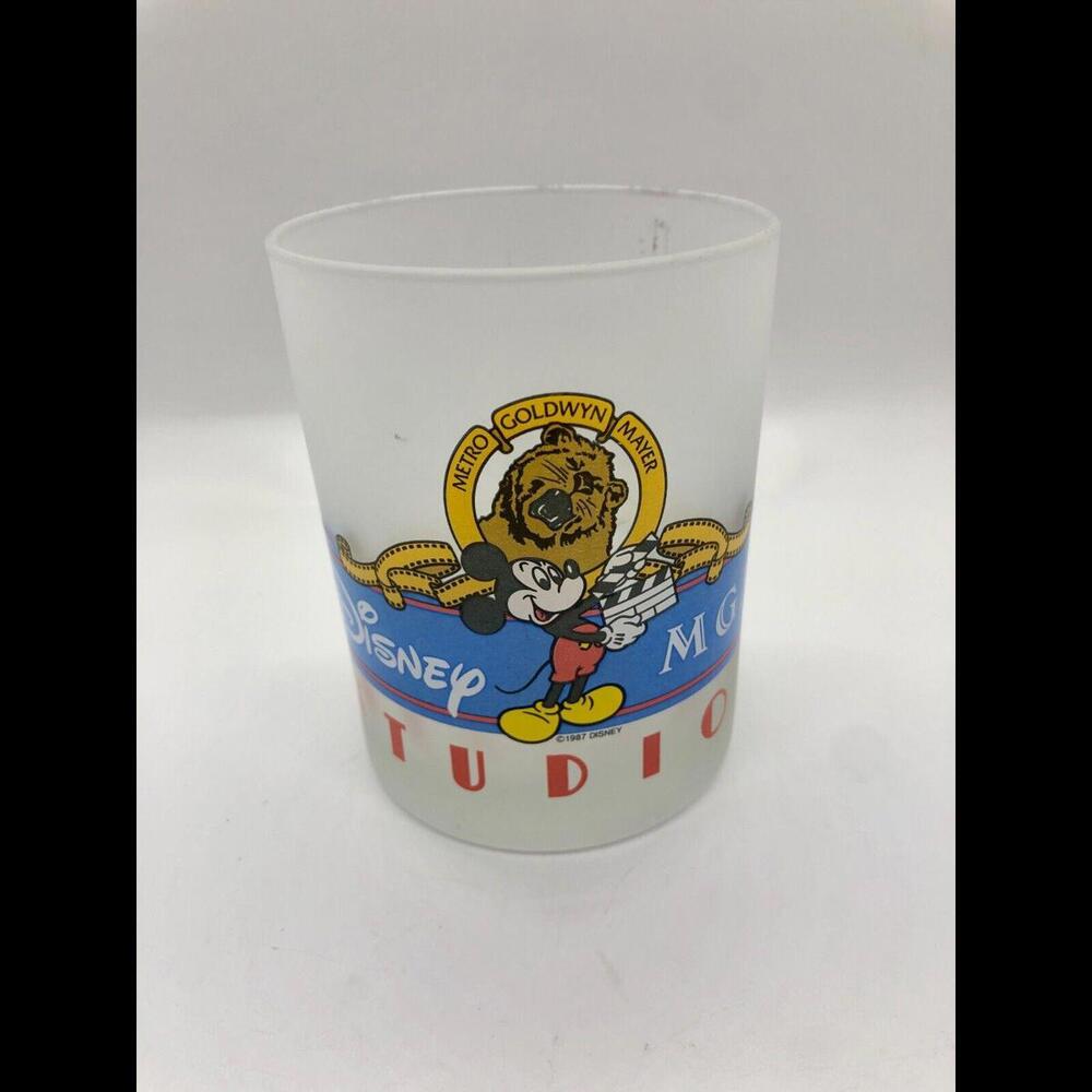 Vtg Disney World MGM Studios Frosted Drinking Glass 1987 Mickey Mouse MGM Lion